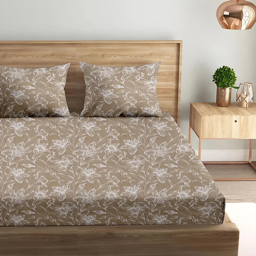 Trance Home Linen 100% Cotton 144TC Elastic Fitted Bedsheet | Printed Queen Bed Size Elasticate Fitted Bedspread with 2 Pillow Covers 