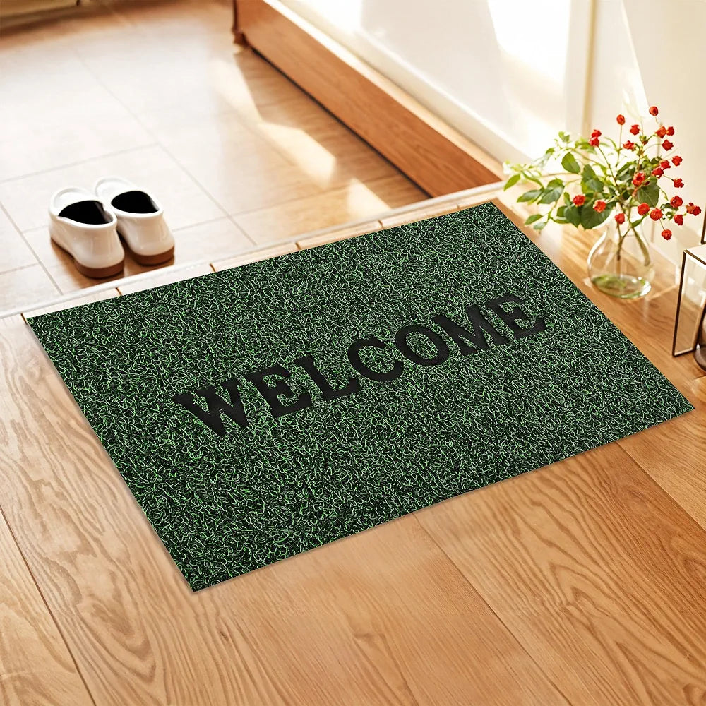 Kuber Industries  Anti-Slip Welcome Print Grass Door Mats for Home| Durable Main Entrance Footmats for Bathroom, Living Room & Office | Grass Cut - Green