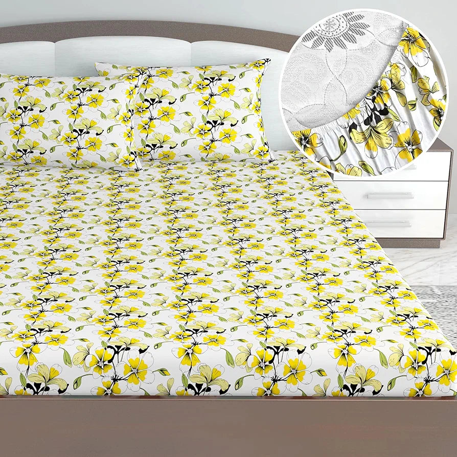 Divine Casa Floret 100% Cotton King Fitted Bedsheet | 144 TC | Deep Pocket Design | Soft & Breathable Fabric | Durable & Easy Care | 200 x 185 + 25 CM, Daffodil Yellow