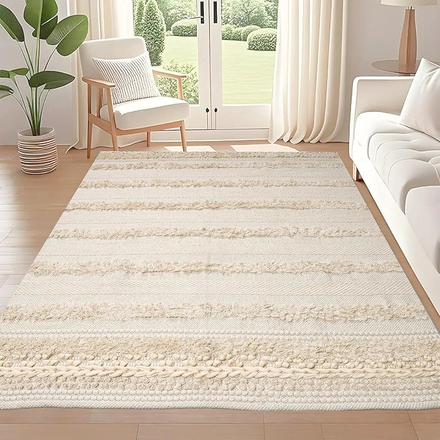 SAJAVAT HOME Pure Cotton Soft and Durable Floor Rug|Cream & White Decorative Rug for Living Room, Bedroom, and HOME Decor|Hand Knitted Vintage Area Rug|4x6 Feet |Pack of 1, rectangular