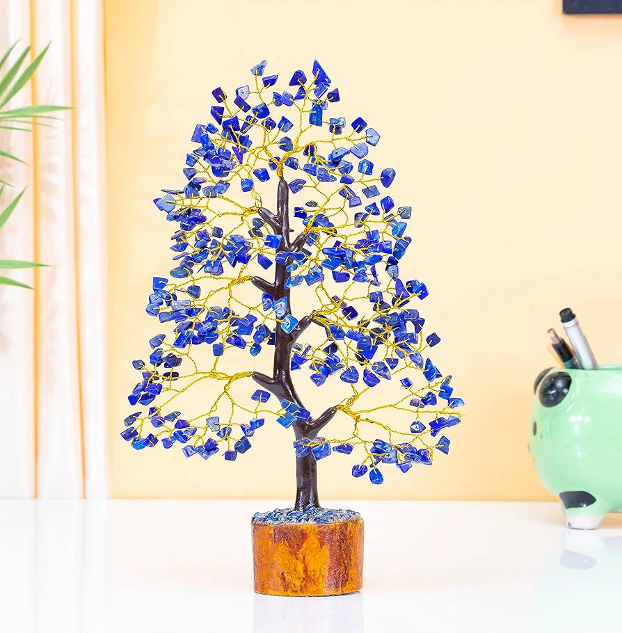 HindCraft Lapis Lazuli Crystal Tree Good Luck Showpiece for Home Decor Items Crystals Gemstones Bonsai Money Tree for Good Luck, Decoration Gift Item, Golden Wire, 10-12 inch