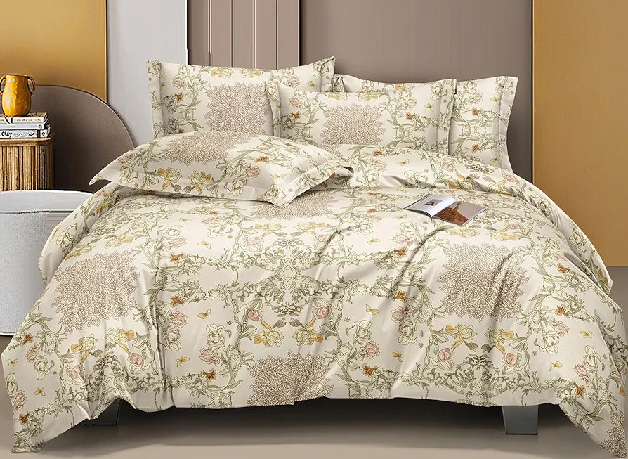 THE HOME STYLE 300 TC Cotton Feel Glace Cotton Elastic Fitted Printed King Size Double Bed Bedsheet with 2 Pillow Cover 