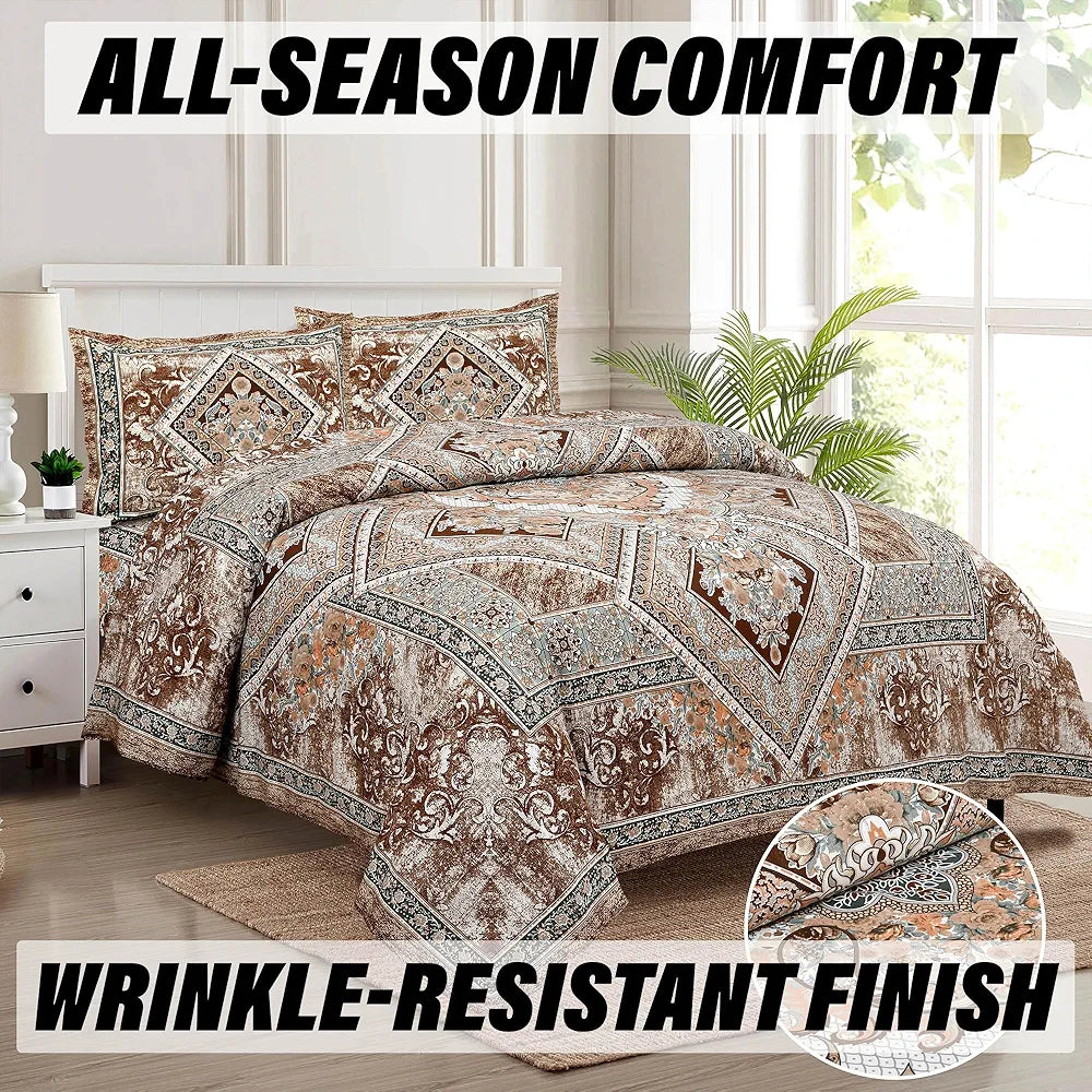 Kuber Industries Double Bedsheet with 2 Pillow Covers | 186 TC Premium Cotton Bedsheet for Double Bed | Bedsheet for Living Room-Home & Hotels | Arabic Beauty Flower Square | 100x108 Inch | Brown