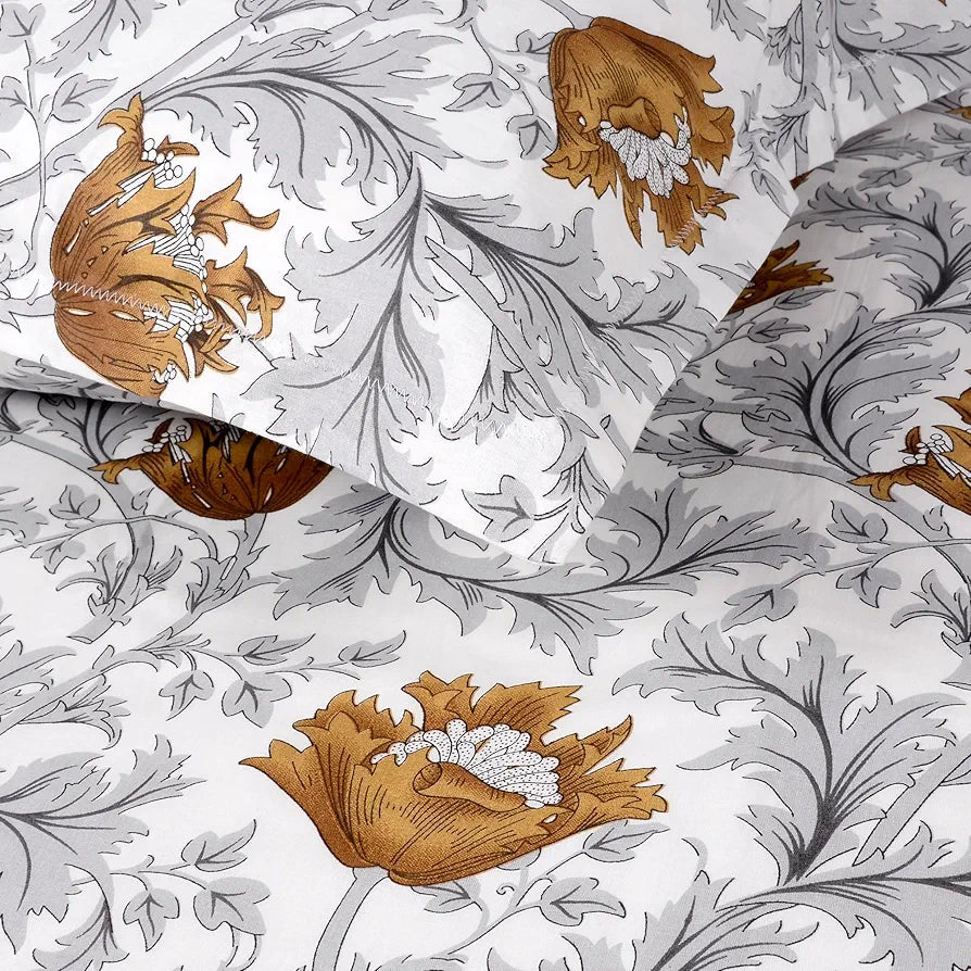 Divine Casa Double Size Bedsheet for Double Bed, 144 TC Pure Cotton Queen Size with 2 Pillow Covers | 222 by 254 cm | Floral | Amber Grey