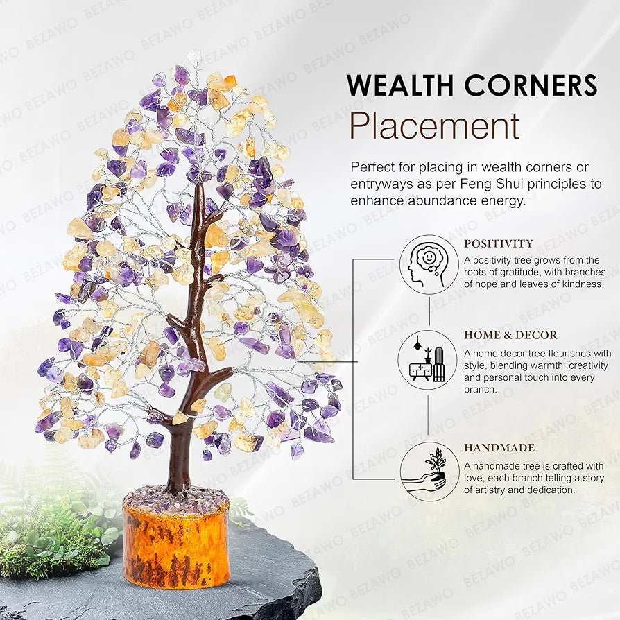 BEZAVO Amethyst & Citrine Crystal Tree | Feng Shui Seven Chakra Energy Tree | Decorative Showpiece for Home & Office | Ideal Marriage Gift & Antique Home Decor – 10-12 Inch 