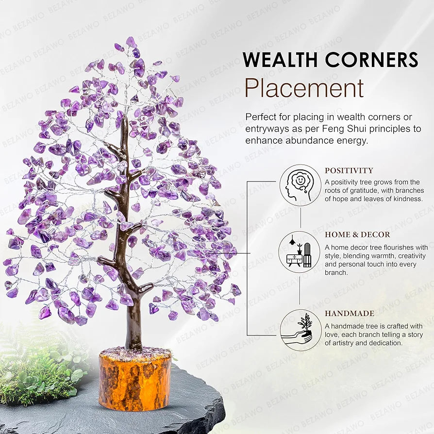 BEZAVO Amethyst Gemstone Crystal Tree – Good Luck Showpiece for Home Decor | Bonsai Money Tree for Prosperity & Decoration | Crystal & Gemstone Gift Item – 10-12 Inch 