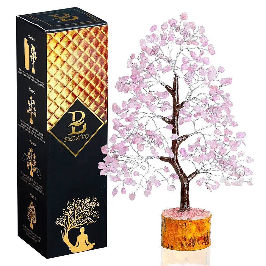 BEZAVO Rose Quartz Crystal Tree – Feng Shui Seven Chakra Tree for Home Decor | Antique Marriage Gift | Positive Energy & Love Tree – 10-12 Inch 