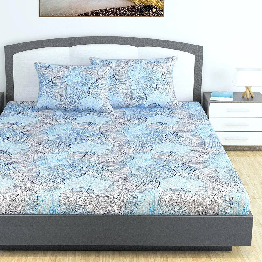 Divine Casa 100% Cotton 144 TC King Size Bedsheet with 2 Pillow Covers | 270 by 270 cm | Light Blue | Floral