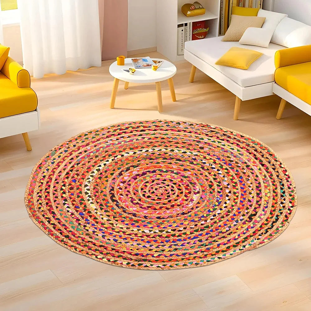 Kuber Industries 4x4 Feet Satranji Doubling Round Jute Rug & Carpet for Home & Bedroom | Aesthetic Floor Rugs for Living Room | Lines - Pink