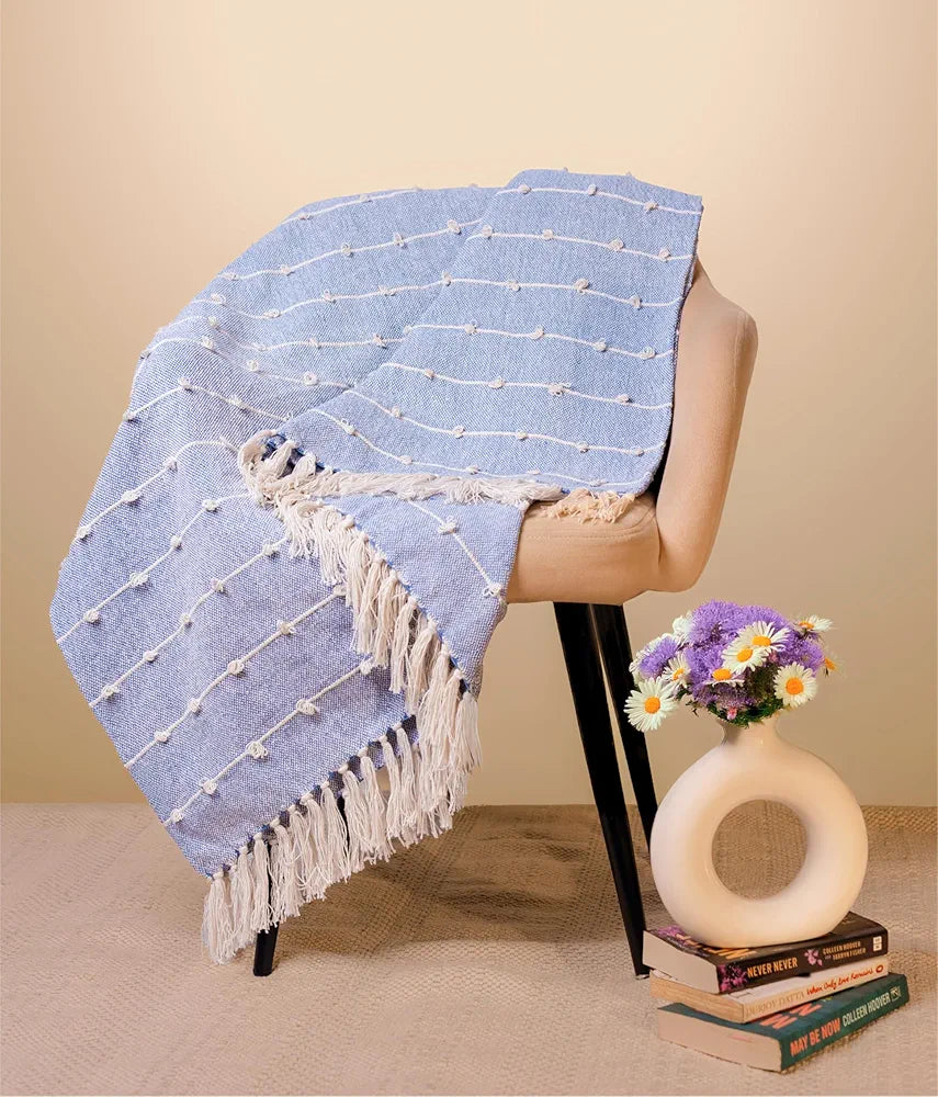 SAJAVAT HOME Hand-Knitted Pure Cotton 3 Seater Sofa Throw | 80x52 Inches/204x132 Cm | Blue Throw for Sofa, Bed, Chair & Travel - Ideal for All Season | Pack of 1