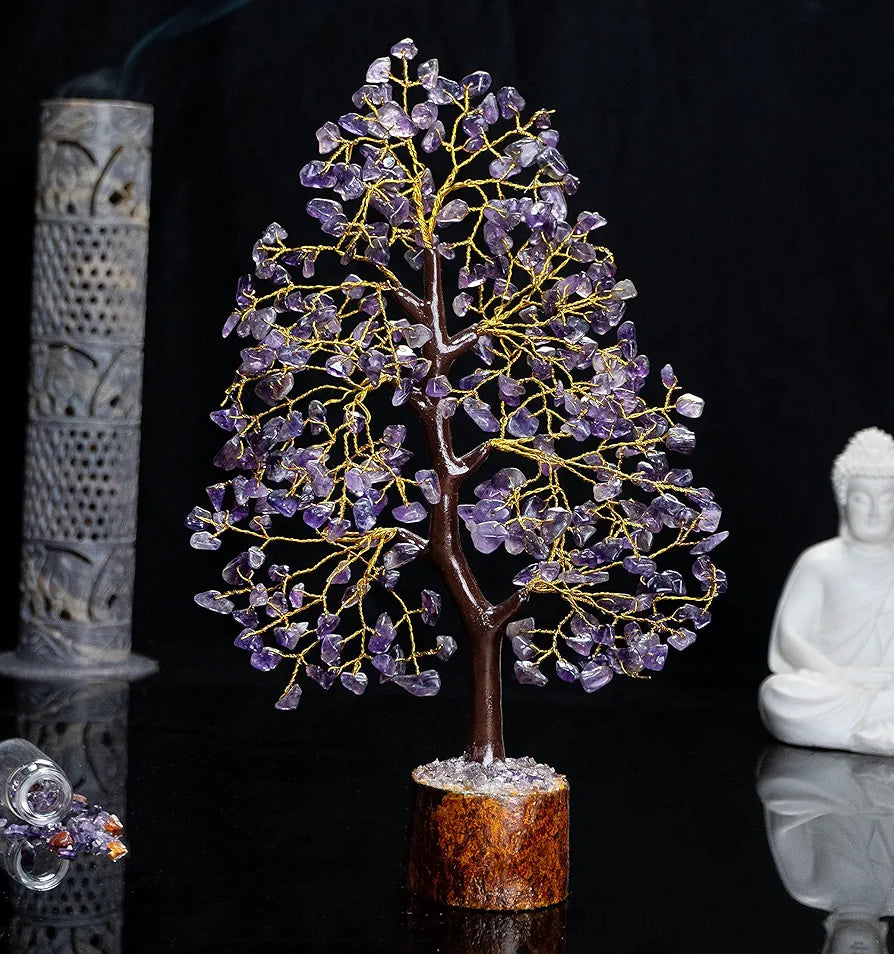 HindCraft Amethyst Chakra Crystal Tree Good Luck Showpiece for Home Decor Items Crystals Gemstones Bonsai Money Tree for Good Luck, Decoration Gift Item, Golden Wire, 10-12 inch