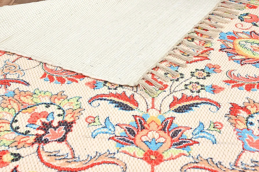 HOMADORN Handmade Sustainable Printed Modern Dhurrie/Rugs/Carpet upcycled from Scrap Fabric for Living Room/Bedside Runner for Enhanced Decor 