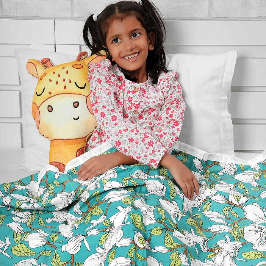 Divine Casa Floret 100% Cotton Single Kids Dohar | 120 GSM | Soft & Lightweight Throw Blanket | Cozy & Breathable Bedding | All-Season Comfort | 140 x 100 CM, Meadow Green