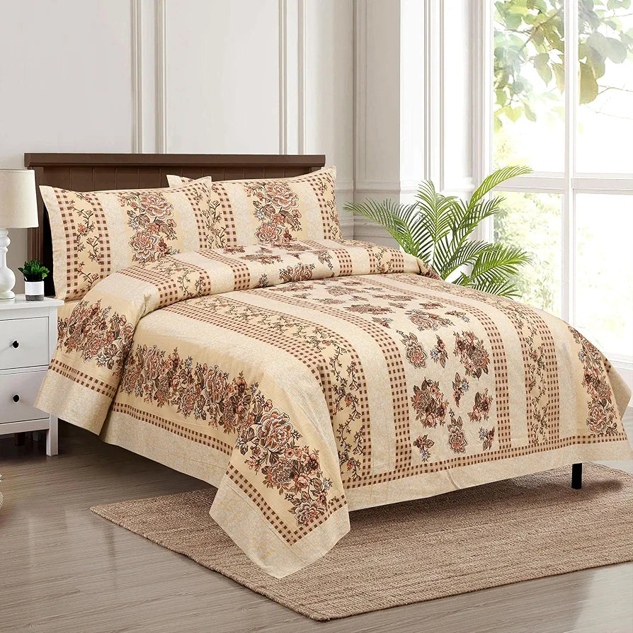 Kuber Industries Double Bedsheet with 2 Pillow Covers | 160 TC Premium Cotton Bedsheet for Double Bed | Bedsheet for Living Room-Home & Hotels | Spain Flower Lining | 100x108 Inch | Cream