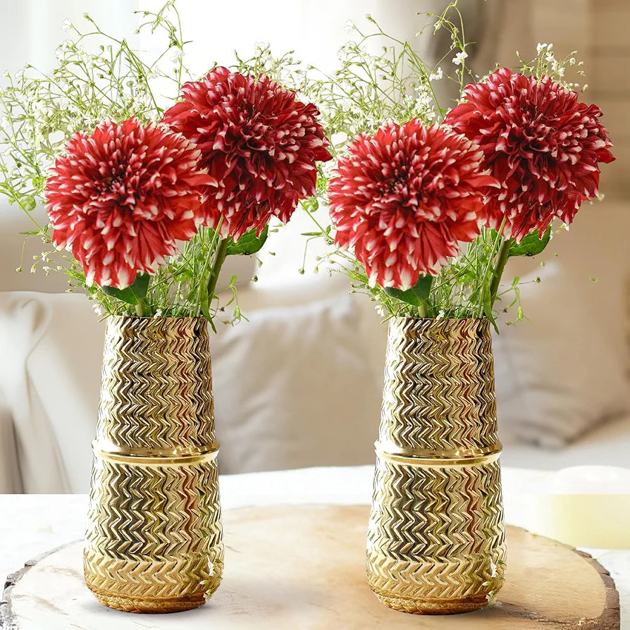 Behoma Metal Arrow Engrave Vase for Home Decor Decoratives for Indoor Outdoor Living Room Office Decor Balcony | Best Gift for Birthday Anniversary Festival | Golden Set of 2 Pcs 