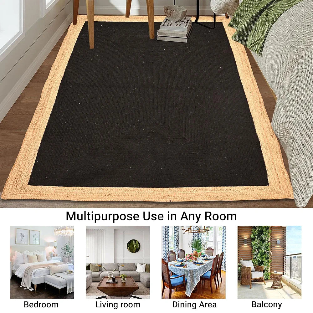Kuber Industries 5x7 Feet Reversible Carpets for Living Room | Machine Washable Bedside Floor Rugs Mat for Bedroom, Balcony & Drawing Room | Border - Black & Beige