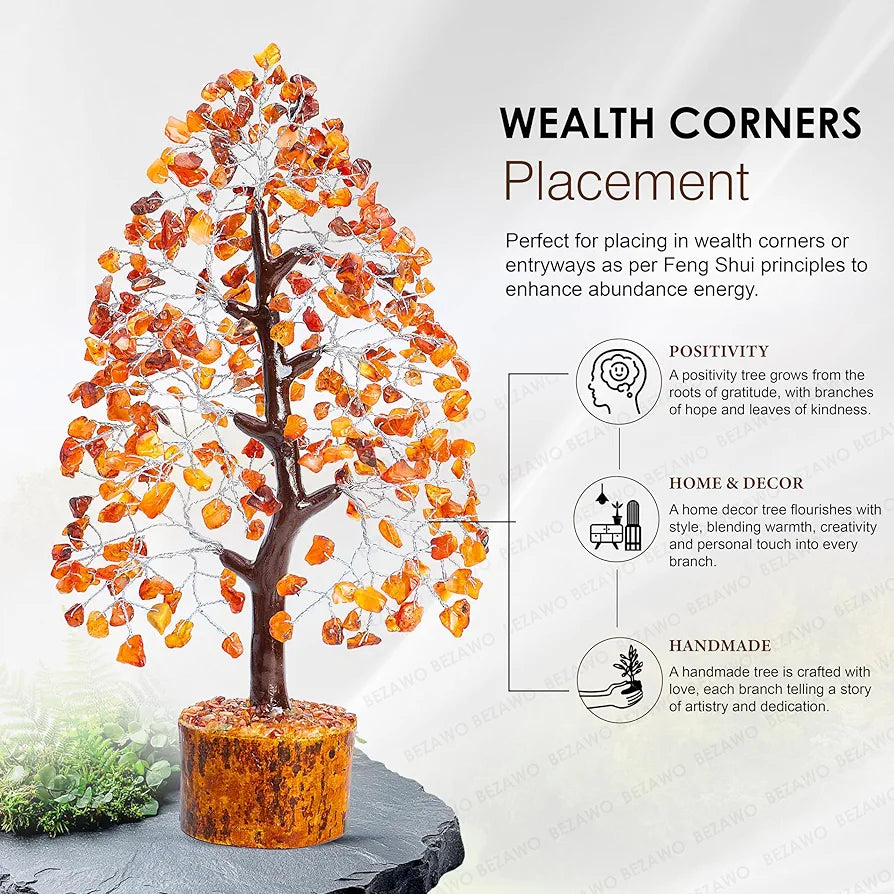 BEZAVO Carnelian Crystal Tree | Positive Energy & Healing Tree for Home & Office Decor | Feng Shui Tree for Good Luck & Prosperity | Ideal Gift for Men & Women 