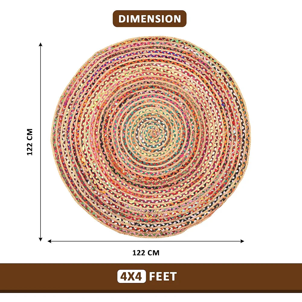 Kuber Industries 4x4 Feet Satranji Doubling Round Jute Rug & Carpet for Home & Bedroom | Aesthetic Floor Rugs for Living Room | Lines - Pink