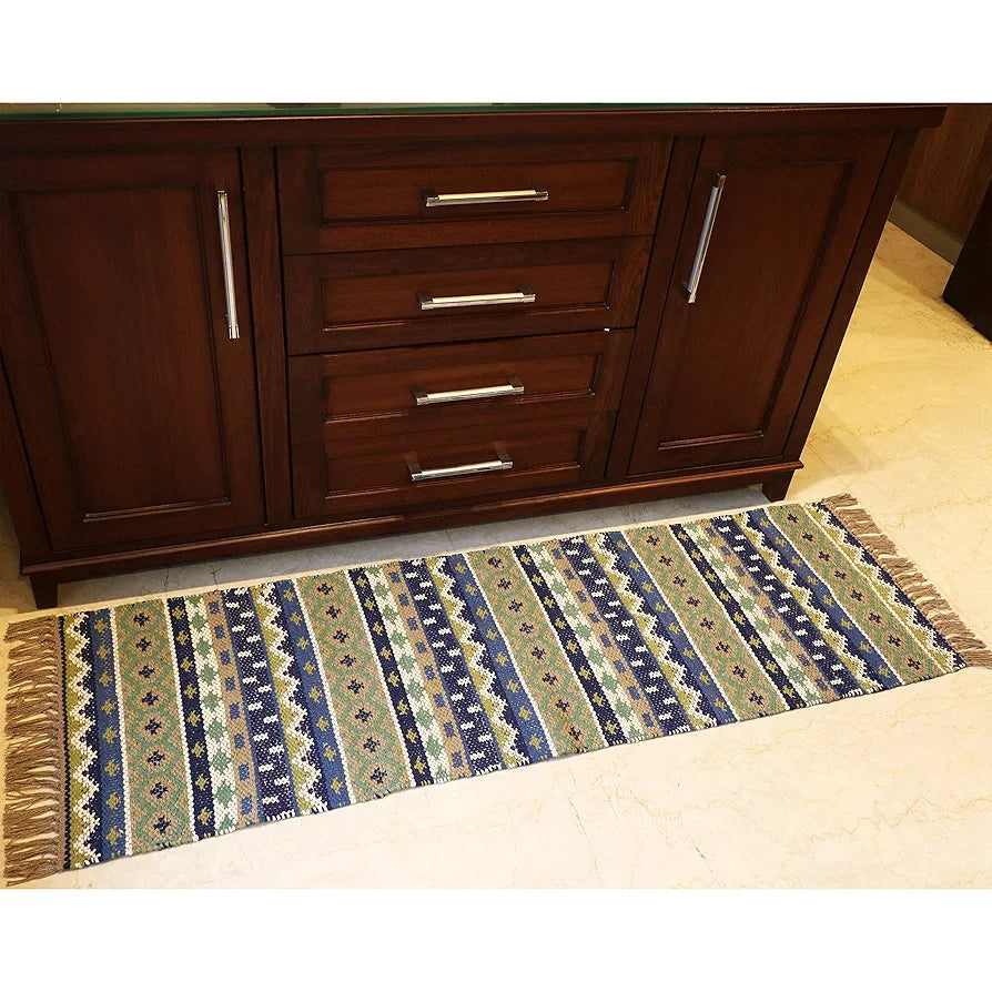 THE HOME TALK Handmade Cotton Carpets | Tribal Contemporary Decorator | Bedside Runner, Living Room, Hall | Machine Washable | 50 x 150 Cm | Beige