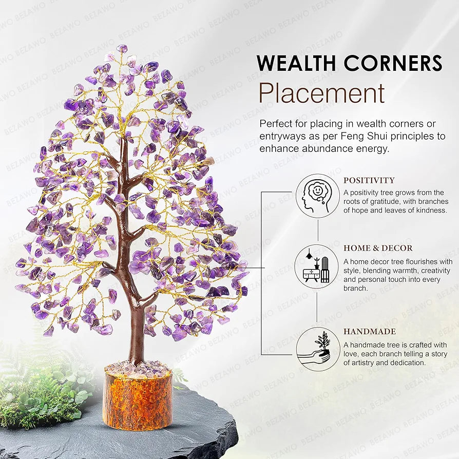BEZAVO Amethyst Gemstone Crystal Bonsai Tree – Good Luck Money Tree for Home & Office Decor | Gift Item for Prosperity & Positive Energy – 10-12 Inch 