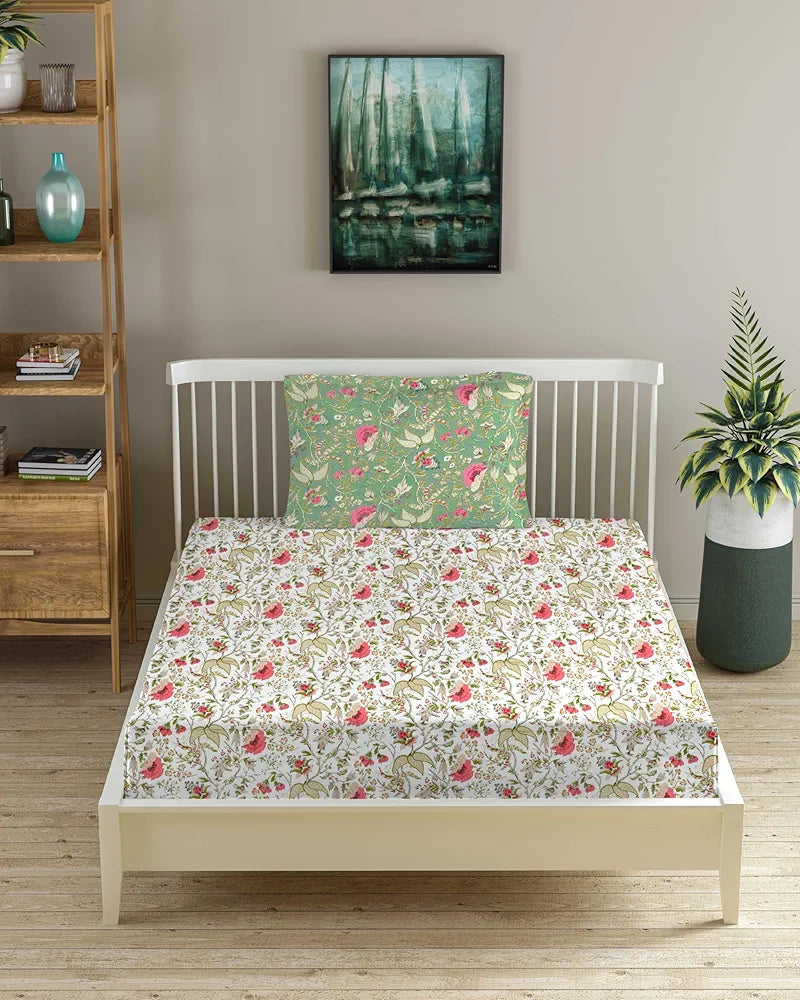 Trance Home Linen 200TC Pure 100% Cotton Printed Fitted Bedsheet with 1 Pillow Cover 