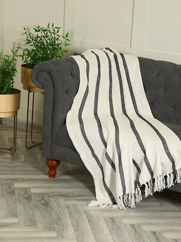 SASHAA WORLD Striped Throw Blanket | Throw Blanket for Living Room, Bedroom, Sofa & Chair | Beige & Black Throw Blanket | Size 180 x 200 cm Pack of 1