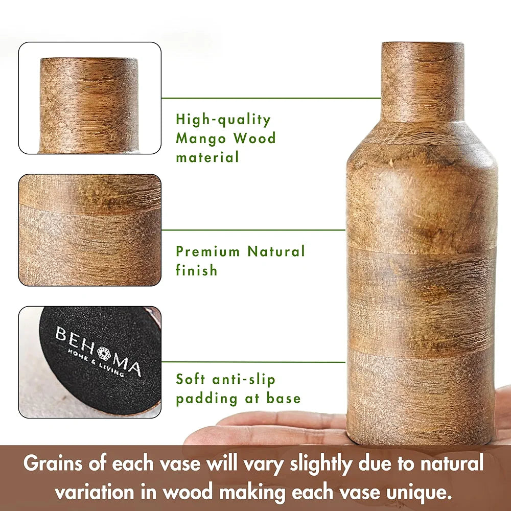 Behoma Wooden Flower Vase Set of 2, Bottle Shape Mango Wood Vases for Flowers for Decor Home Living Room Kitchen Office, Natural Light Brown Finish | Height - 9 inch  & 5.9 inch 
