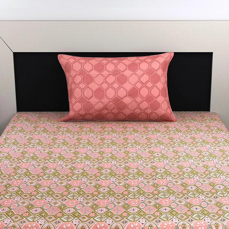 Divine Casa Pure Cotton Single Bed Printed Bedsheet with 1 Pillow Covers | Soft, Breathable and Comfortable | 223 x 145 CM | Nordic Hexa Pattern | Blush & Olive, 200 TC