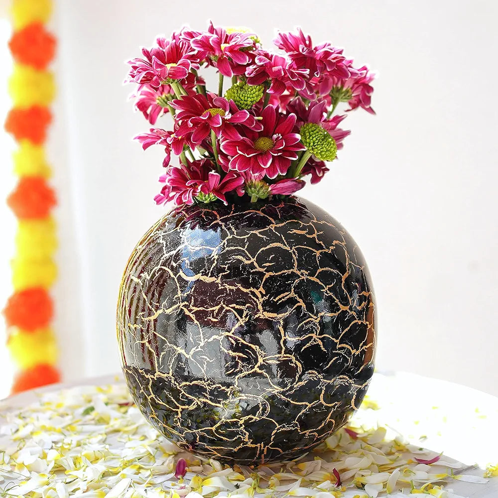 BEHOMA Metal Ball Vase for Home Decor|Flower Pot for Bedroom Living Room Office Wedding|Flowers Arrangement for Birthday Anniversary Festival|Black Crackled Medium 