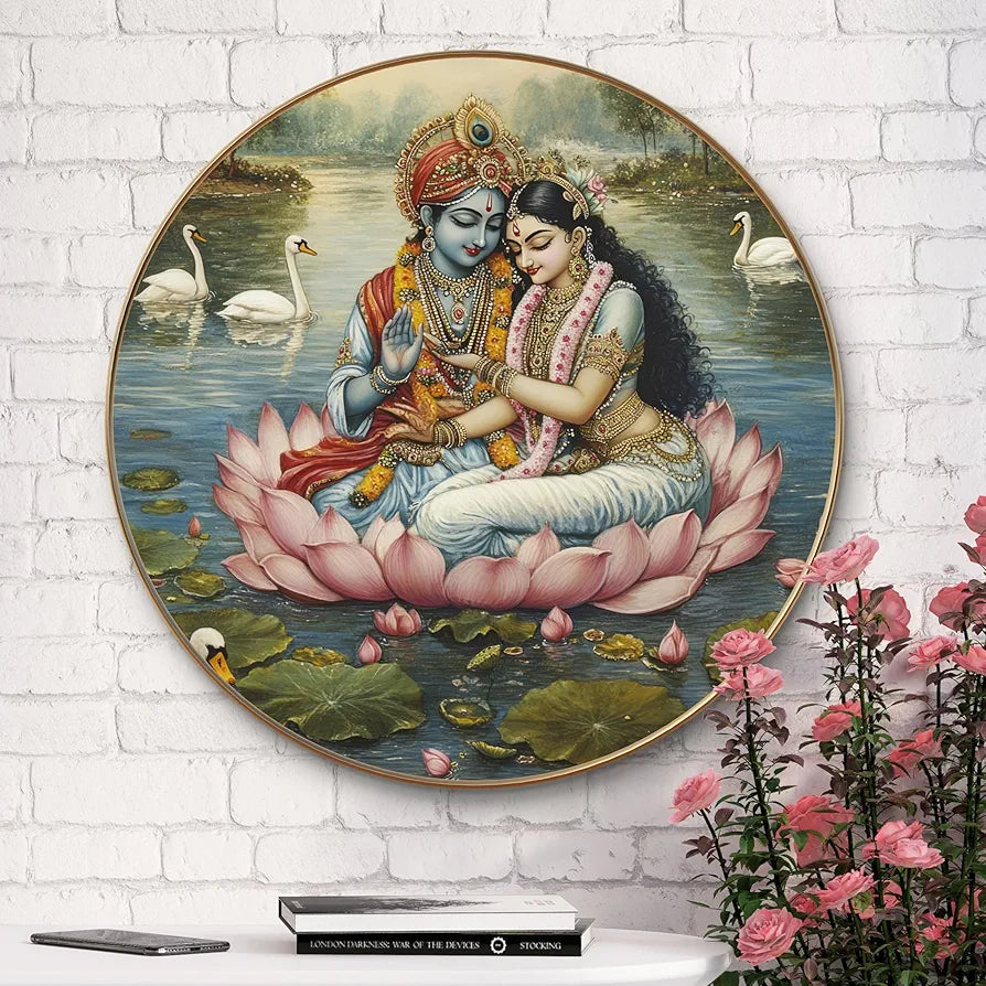 Livin'luxe paintings Divine Radha Krishna on Lotus Wall Painting with Frame - Sparkle Glossy Round Golden Framed Large Painting for Office, Living Room, Bedroom, Home Wall Decoration