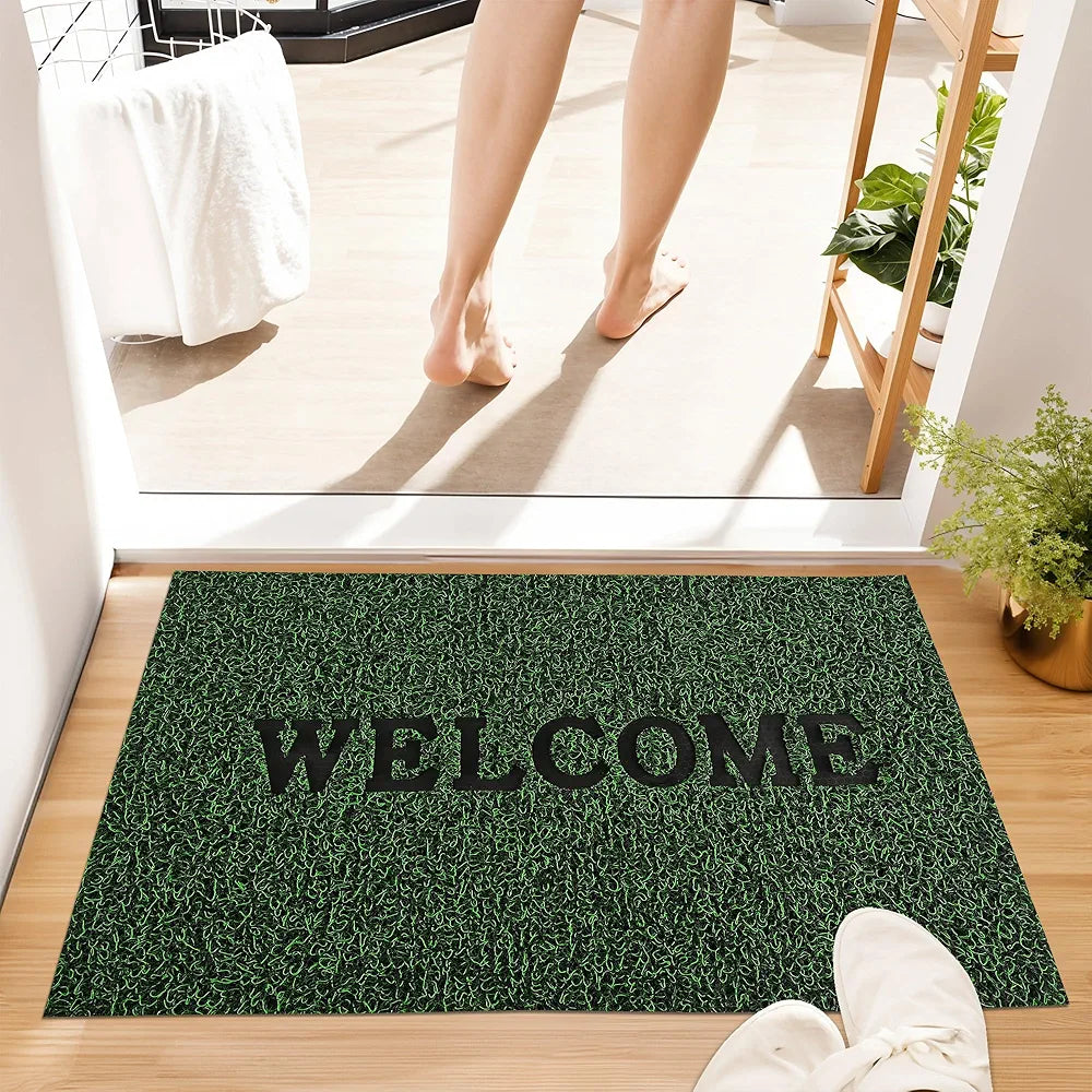 Kuber Industries  Anti-Slip Welcome Print Grass Door Mats for Home| Durable Main Entrance Footmats for Bathroom, Living Room & Office | Grass Cut - Green
