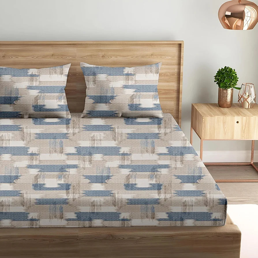 Trance Home Linen 100% Cotton 180 TC Bedsheet | Queen Size Printed Fitted Bedspread with 2 Pillow Covers 