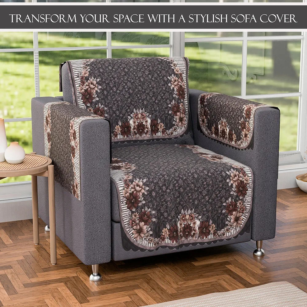 Kuber Industries Set of 16 Anti-Skid Sofa Cover 5-Seater with Arm Cover | Comfortable Slipcover Sofa Cloth & Furniture Protector for Home Decor | Floral Print - Dark Olive Green