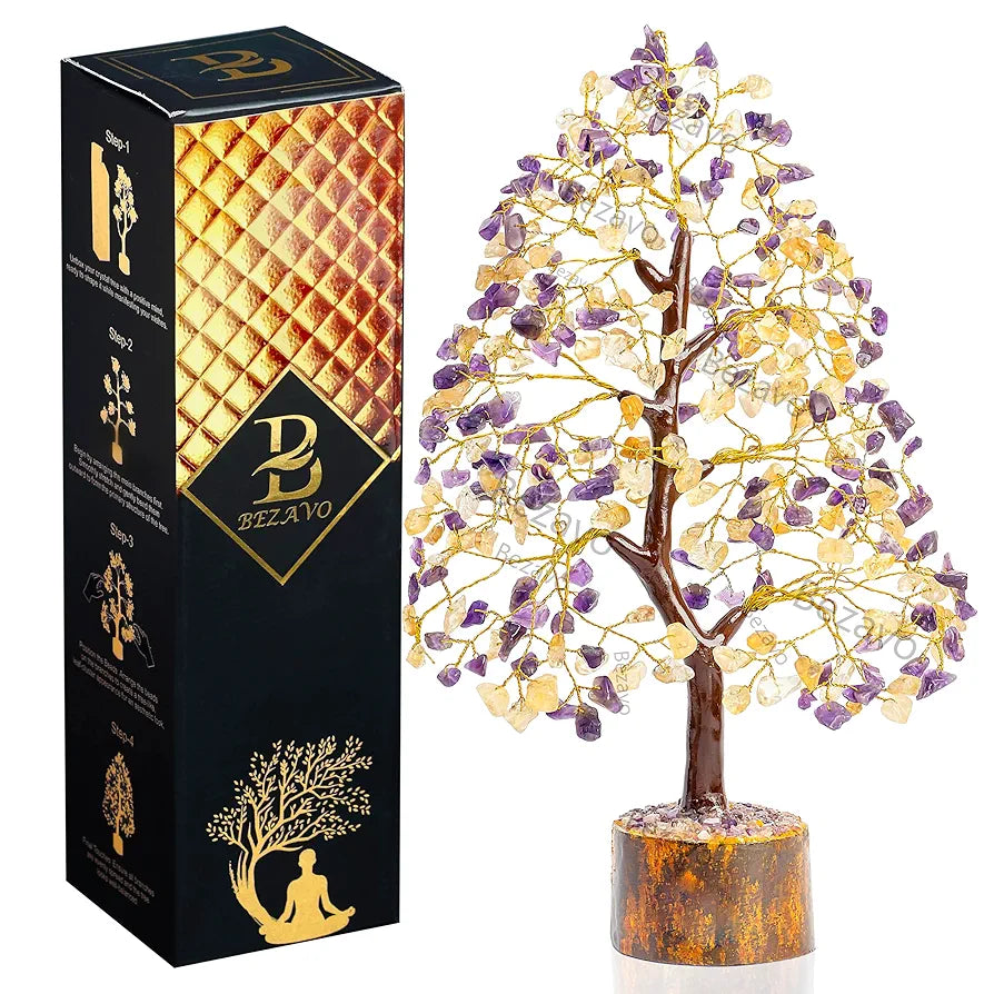 BEZAVO Amethyst & Citrine Crystal Tree | Feng Shui Tree of Life for Healing & Prosperity | Positive Energy Crystal Tree for Home & Office | Ideal Anniversary & Birthday Gift 