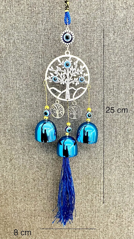 WARMINGO DE Evil Eye Wind Chime 3 Bells for Home & Office - Brings Positive Vibes & Removes Negative Energy | Evil Eye Wind Chime | Evil Eye Tree 3 Bells