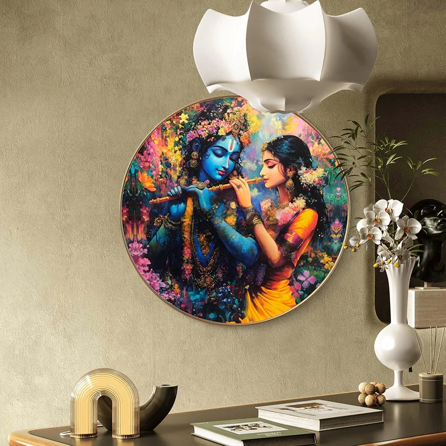 Livin'luxe paintings Radha Krishna Divine Love Wall Painting with Frame - Sparkle Glossy Round Golden Framed Large Painting for Office, Living Room, Bedroom, Home Wall Decoration