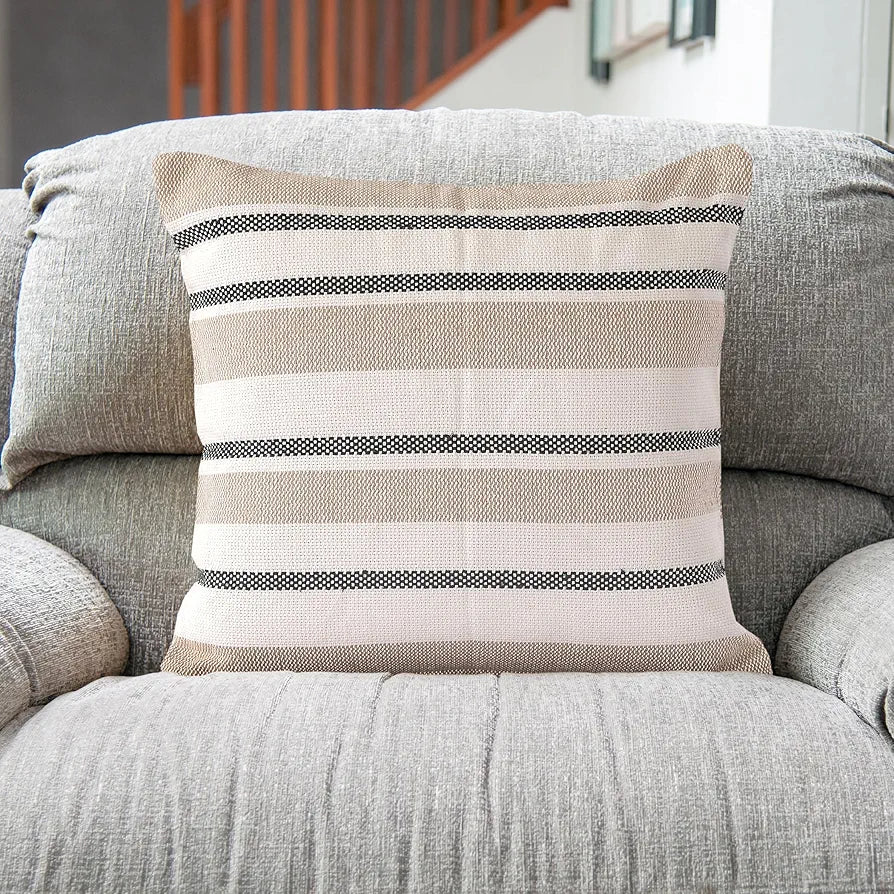 SASHAA WORLD Exquisite Beige Black Striped Elegance | Decorative Woven Cushion Cover | Cushion Cover for Living Room/Bed/Sofa/Chair | 45X45 Cm