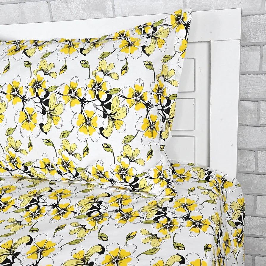 Divine Casa Bedsheet for Single Size Bed 144 TC Cotton Bedsheet for Single Size Bed with 1 Pillow Cover  Floral Golden Daffodil Cotton Bedsheet