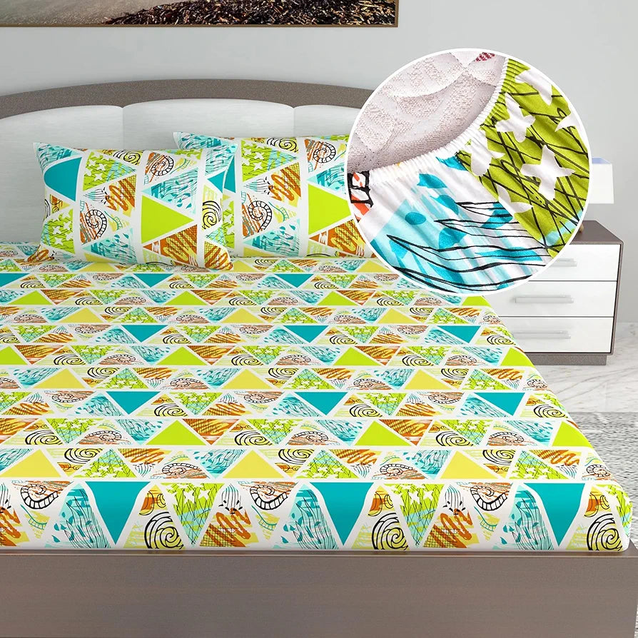 Divine Casa 144 TC Cotton Geometric Print King Size Double Bed Elastic Fitted Bedsheet with 2 Pillow Cover - 78 x 72 inches