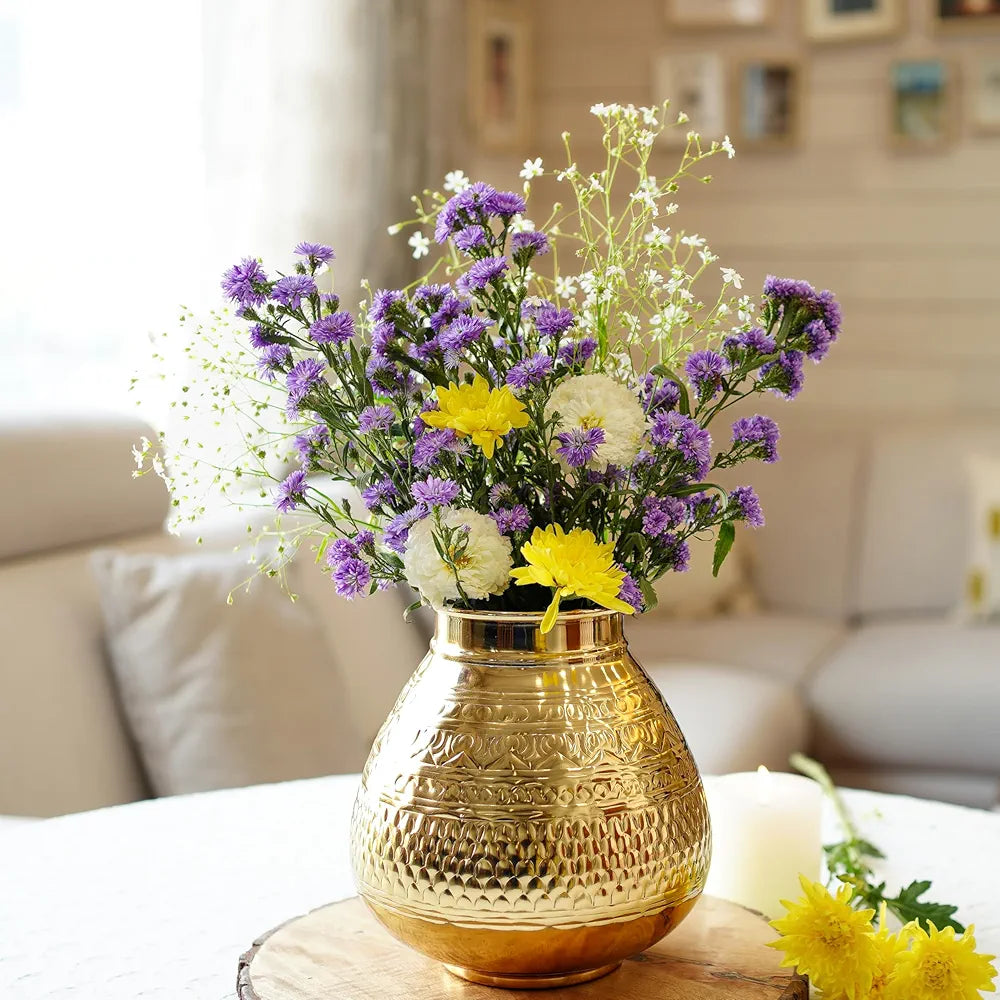 Behoma Matki Shape Metal Flower Vase for Home Decor, Traditional Embossed Metal Flower Pot for Office Table Decorations, Modern vases, Gift for Festival, 8 inches, Golden 1 Pc 