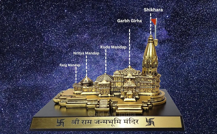 Gold Art India Ram Mandir Ayodhya Gold Plated Matte - Minature for Gifting, Puja Room, Office Desk, Home Decor 