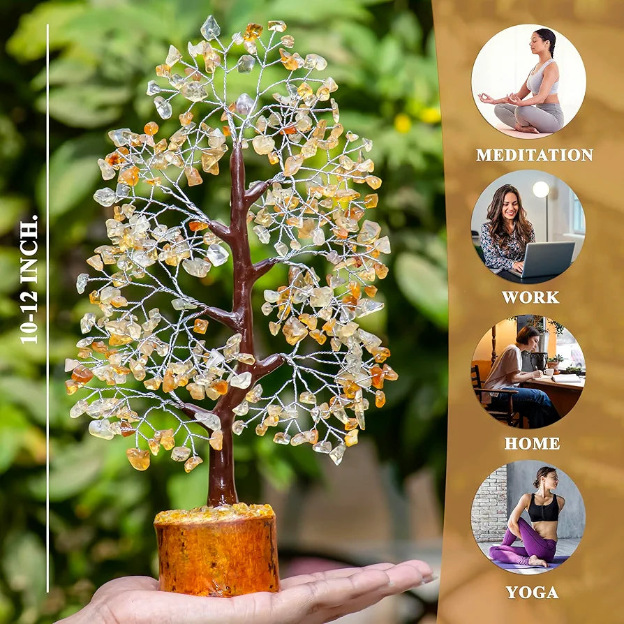 HindCraft Citrine Chakra Crystal Tree Good Luck Showpiece for Home Decor Items Crystals Gemstones Bonsai Money Tree for Good Luck, Decoration Gift Item, Silver Wire, 10-12 inch