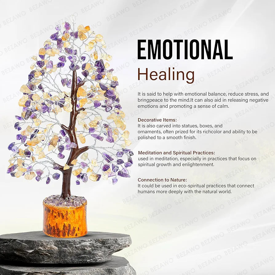 BEZAVO Amethyst & Citrine Crystal Tree | Feng Shui Seven Chakra Energy Tree | Decorative Showpiece for Home & Office | Ideal Marriage Gift & Antique Home Decor – 10-12 Inch 