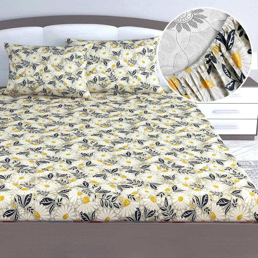 Divine Casa Floret 100% Cotton King Fitted Bedsheet | 144 TC | Deep Pocket Design | Soft & Breathable Fabric | Durable & Easy Care | 200 x 185 + 25 CM, Vintage Daisies, Vintage Daisies, multicolor