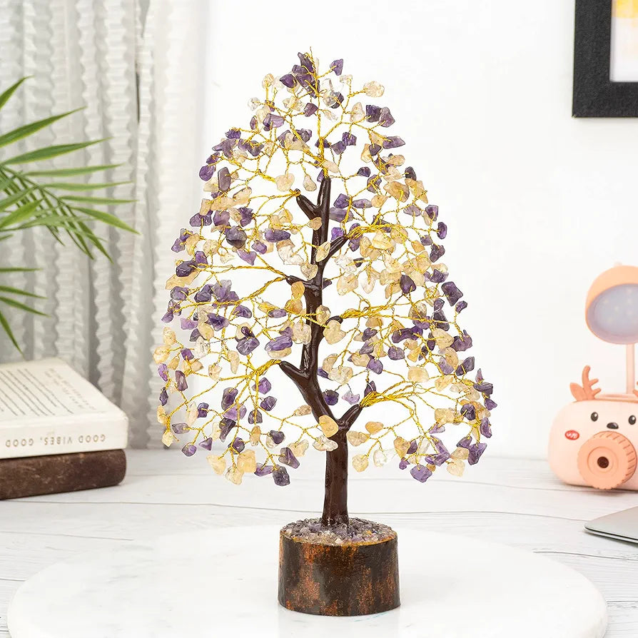 HindCraft Amethyst & Citrine Crystal Tree Good Luck Showpiece for Home Decor Items Crystals Gemstones Bonsai Money Tree for Good Luck, Decoration Gift Item, Golden Wire, 10-12 inch