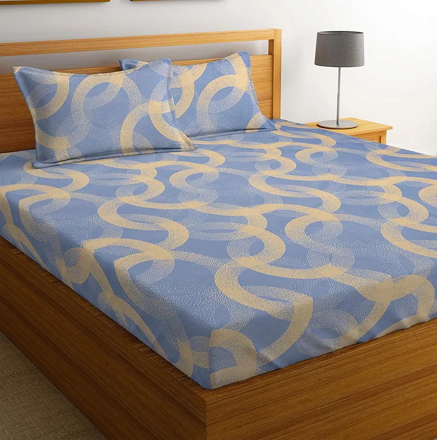 HOMEKART Cotton Elastic Fitted Printed Bedsheets with 2 King Size Pillow Covers Double Bed with All Around Elastic Supersoft Size - 72 x 78 +10 inches Weaves Print Silver and Beige - 220 tc