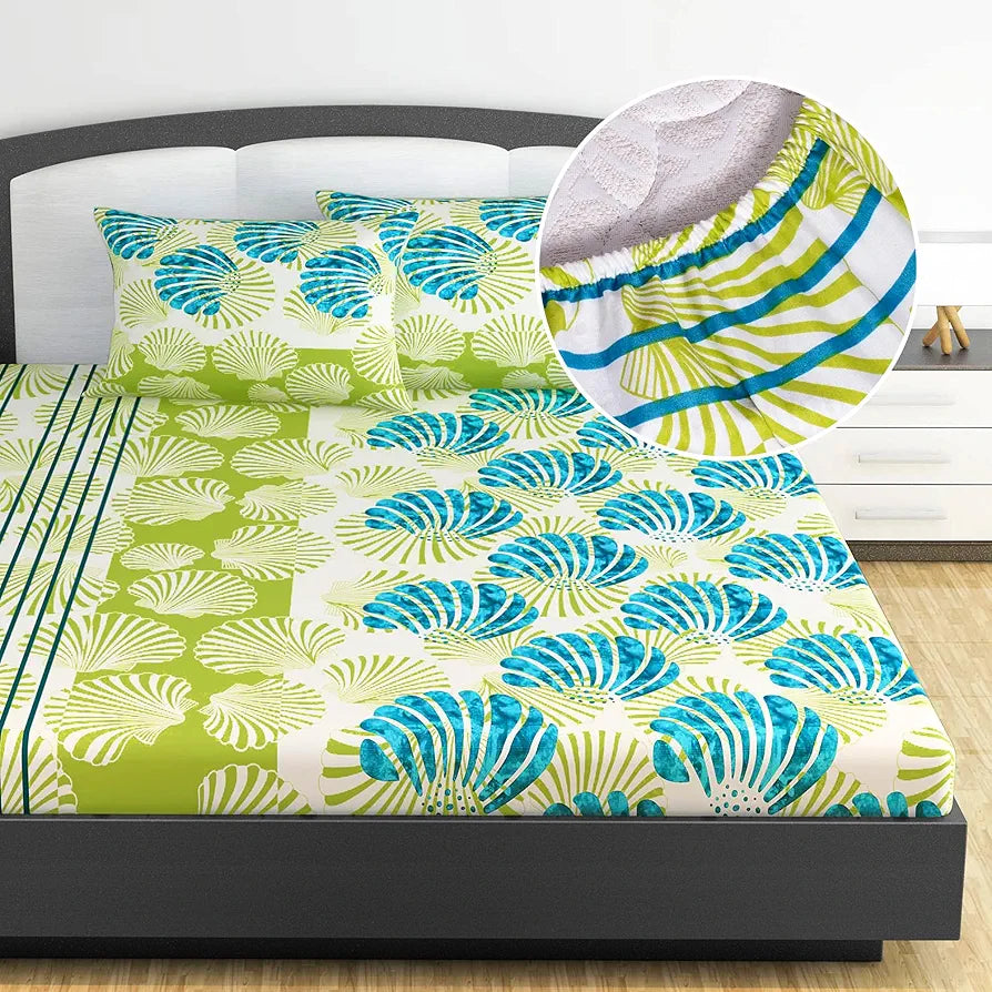 Divine Casa 144 TC 100% Cotton Acid Lime Elastic Fitted Bedsheets King Size with 2 Pillow Covers  Calming Shells, Printed