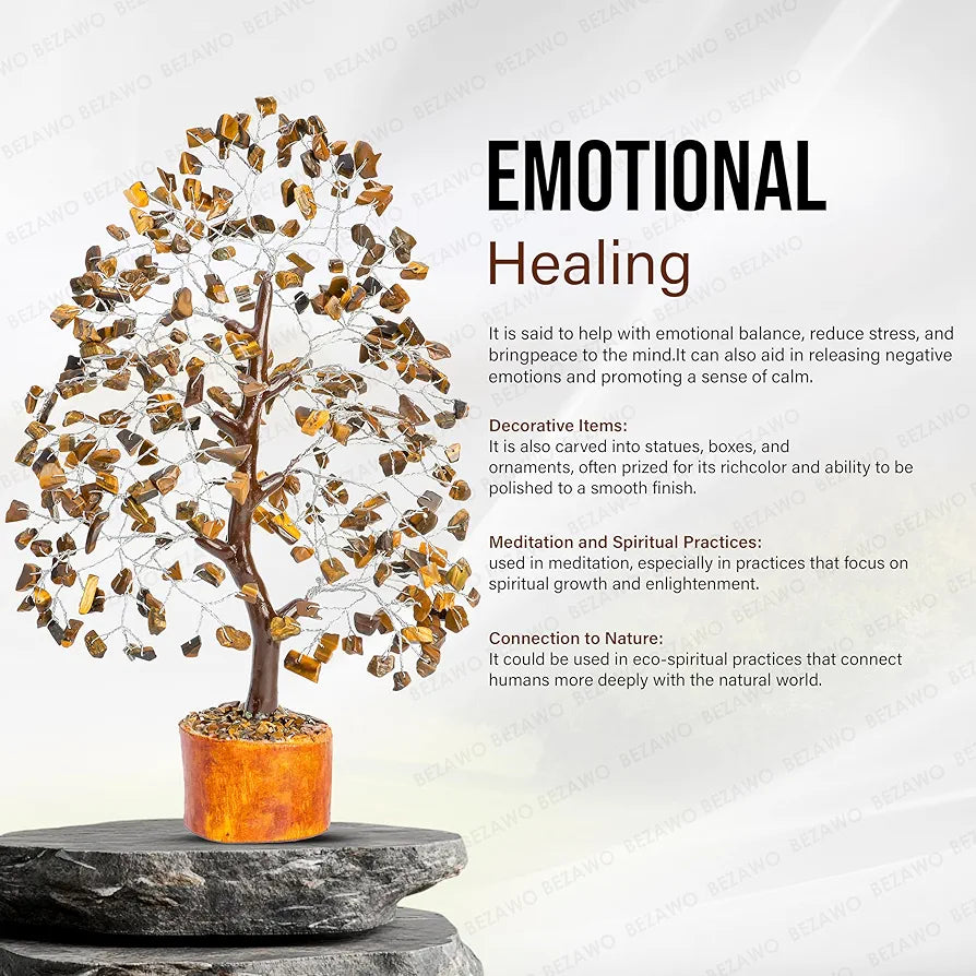 BEZAVO Tiger Eye Crystal Tree – Tree of Life for Good Luck & Prosperity | Artificial Decor for Home & Office | Ideal Housewarming Gift for Men & Women 