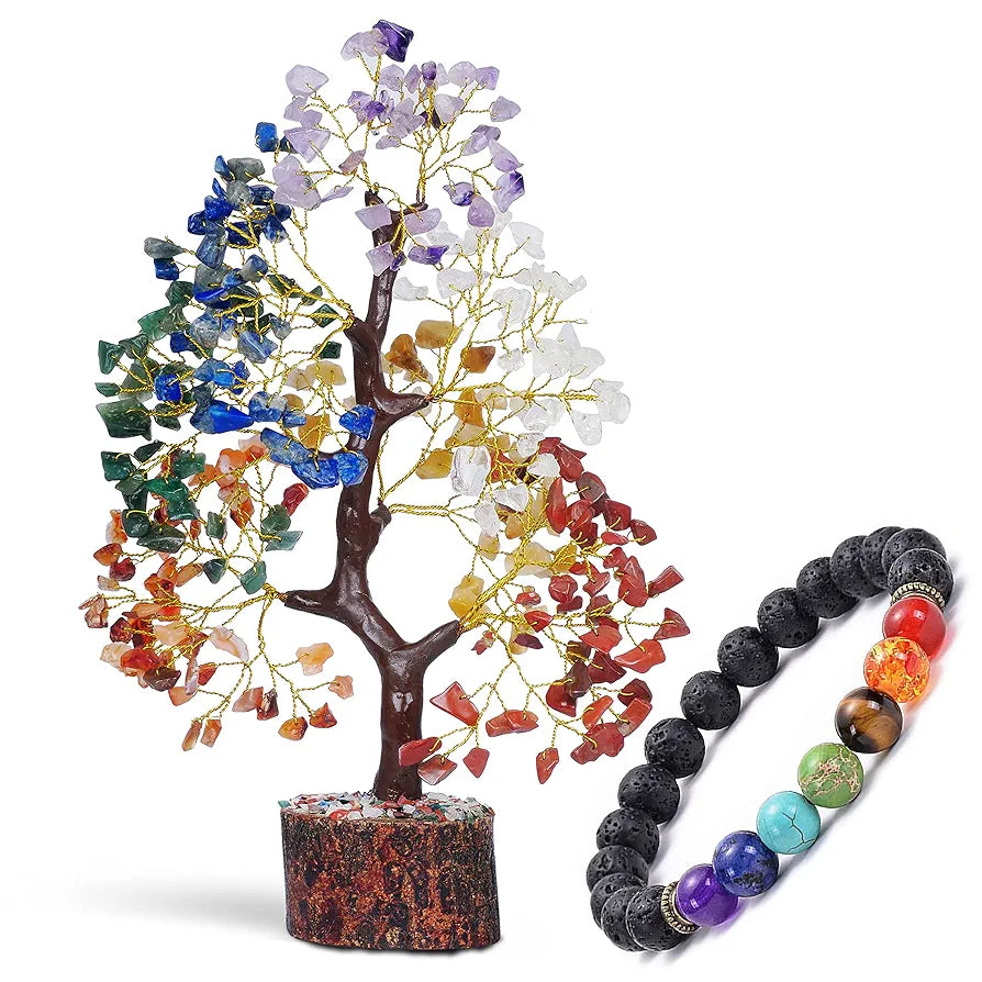 Reikved Seven Chakra Crystal Gemstone Bonsai Money Tree Golden Wire 300 Beads with Chakra Bracelet Figurine Home Decoration Standard Size - Multicolor,