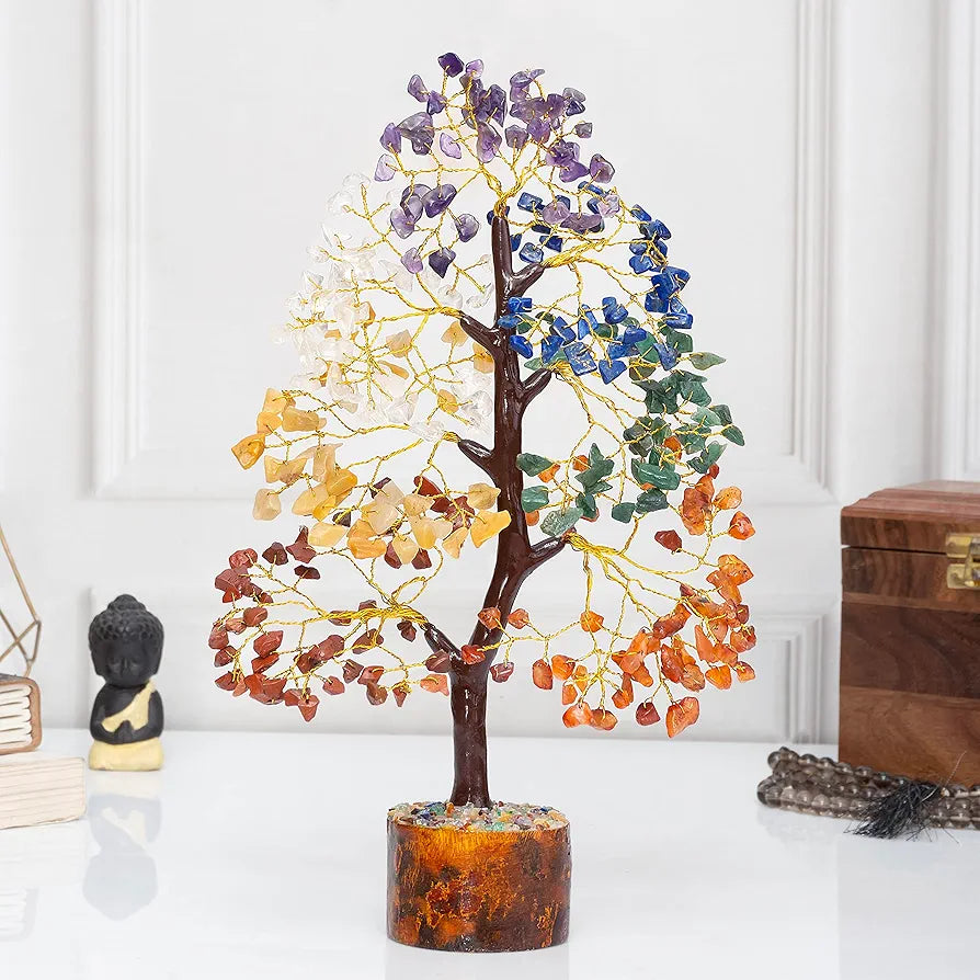 ZAICUS Seven Chakra Crystal Tree of Life Stone Fortune Feng Shui Bonsai for Good Luck, Wealth & Prosperity Home Decorations Golden Wire 10-12 Inch
